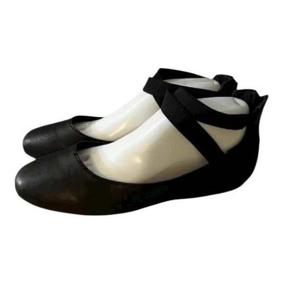 Women Black Elastic Ankle Straps Ballerina Walking Flats Size 8.5M Dress Shoes - Picture 2 of 12